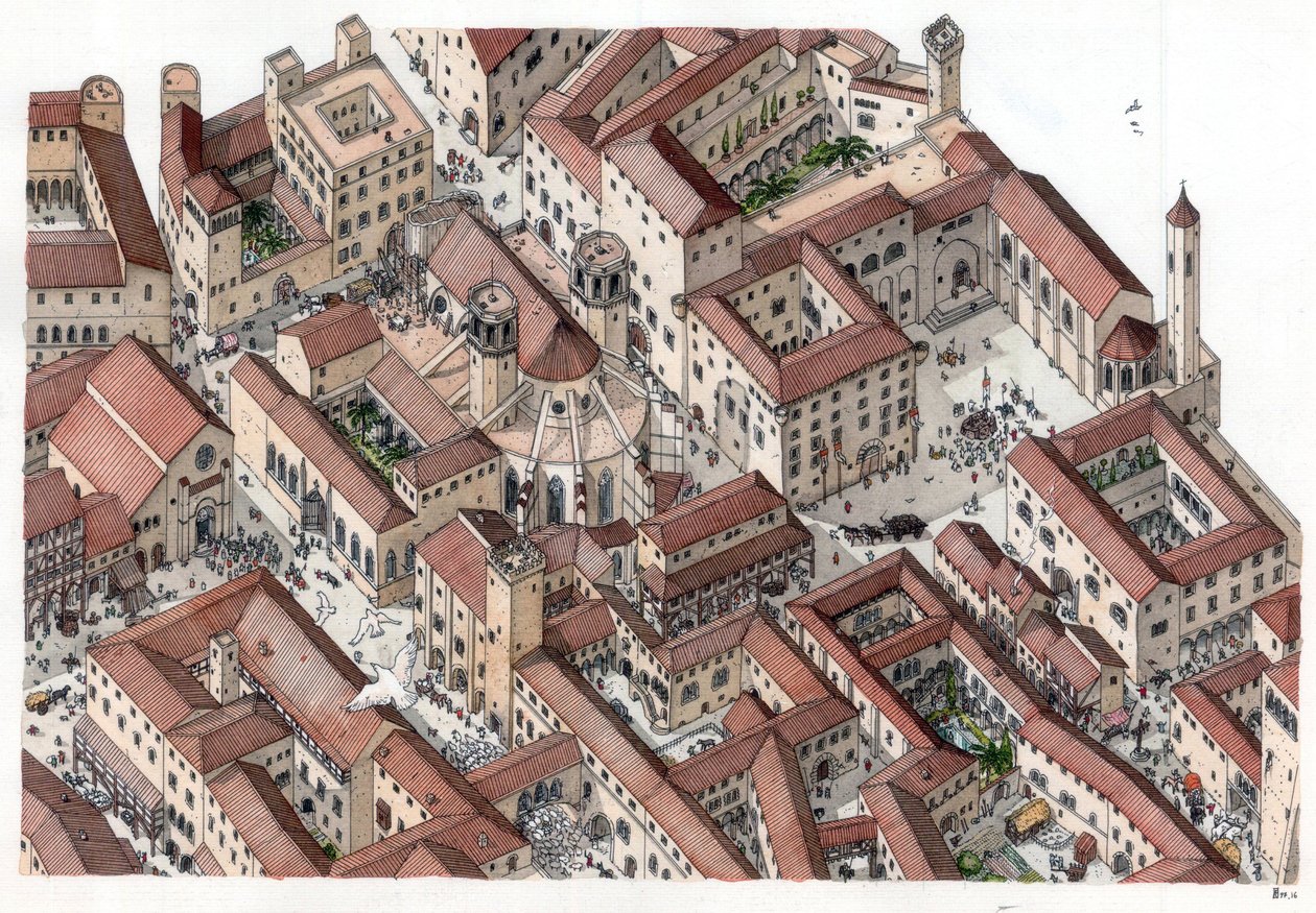 Středověk: obnovení historické čtvrti Barri Gotic (barrio gotico) v Barceloně ve 14. století. Je zde vidět katedrála svaté Eulálie (Cathedrale Sainte-Eulalie). Španělsko Ilustrace: Giorgio Albertini. (Použití děl tohoto autora není pod od Giorgio Albertini