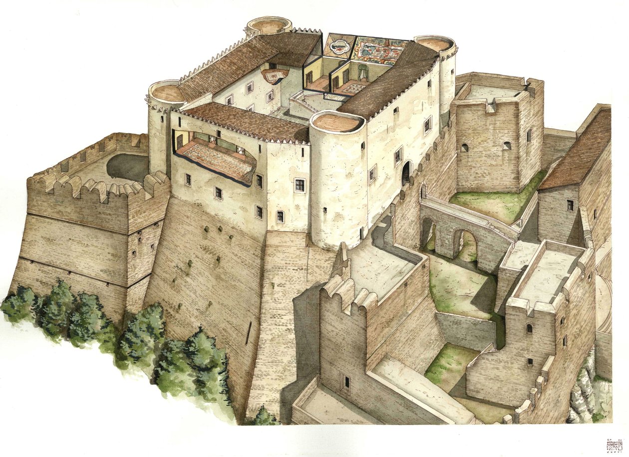 Středověk: rekonstrukce hradu Santa Severina z 11. století v Catanzaru. Kalábrie Itálie Ilustrace: Giorgio Albertini. (Užití díla tohoto autora nepodléhá žádosti o autorizaci třetí osoby ani žádosti o autorizaci třetí osoby. od Giorgio Albertini