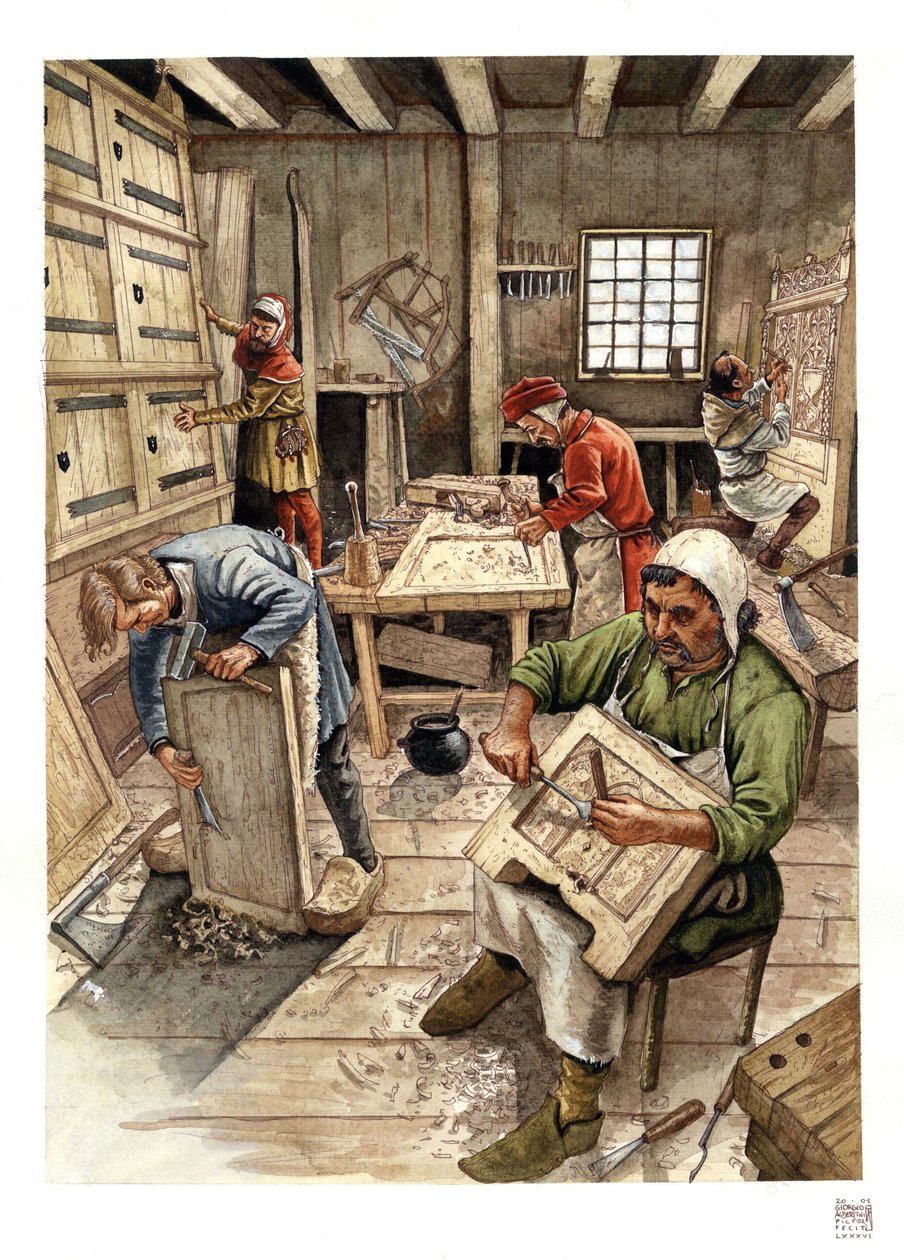 Středověk: vyobrazení dílny ebenistů v 15. století, dělníci opracovávají dřevo. od Giorgio Albertini