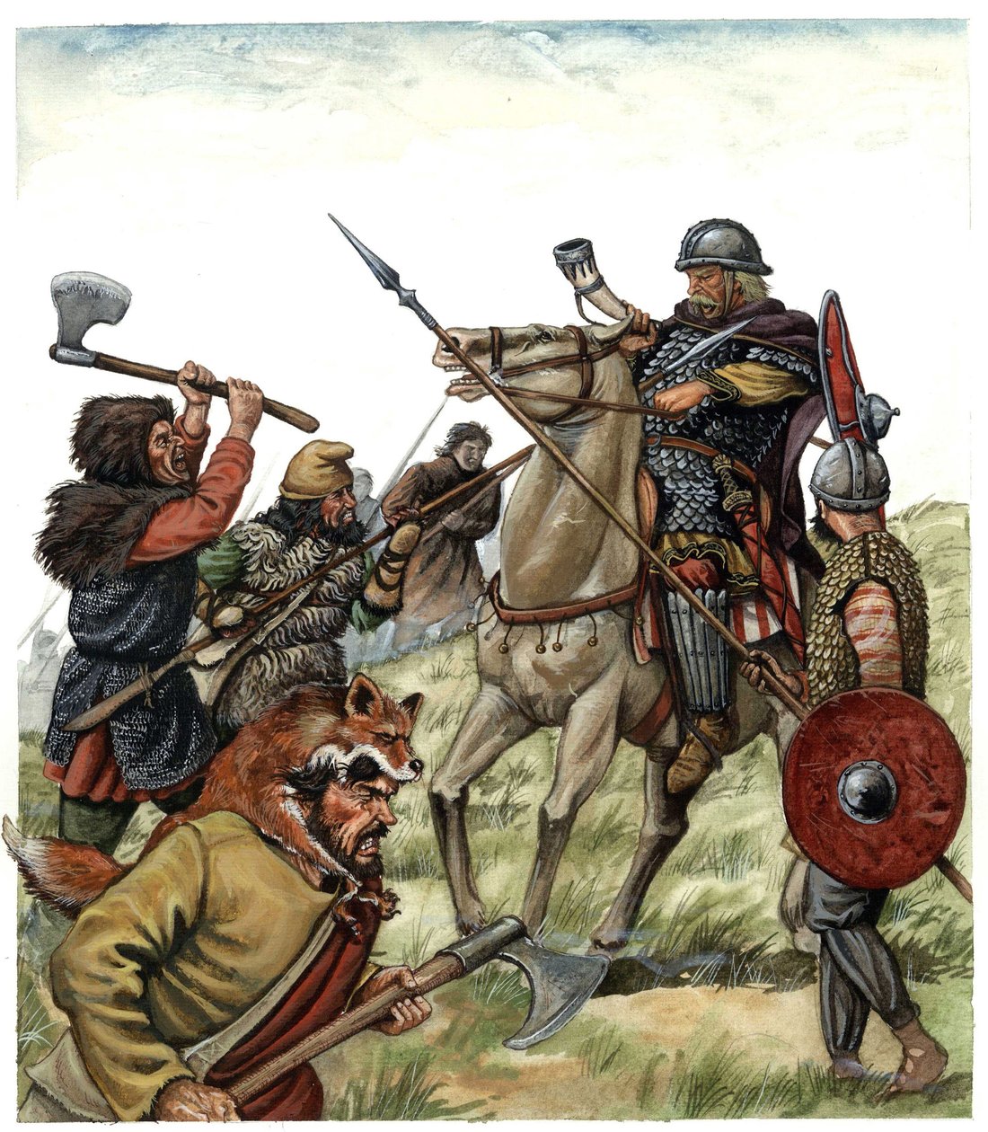 Středověk: scéna bitvy u Roncesvaux (španělské Baskicko), Francova jízda armády Karla Velikého proti Maurům v roce 778. 8. století Ilustrace Giorgia Albertiniho. od Giorgio Albertini