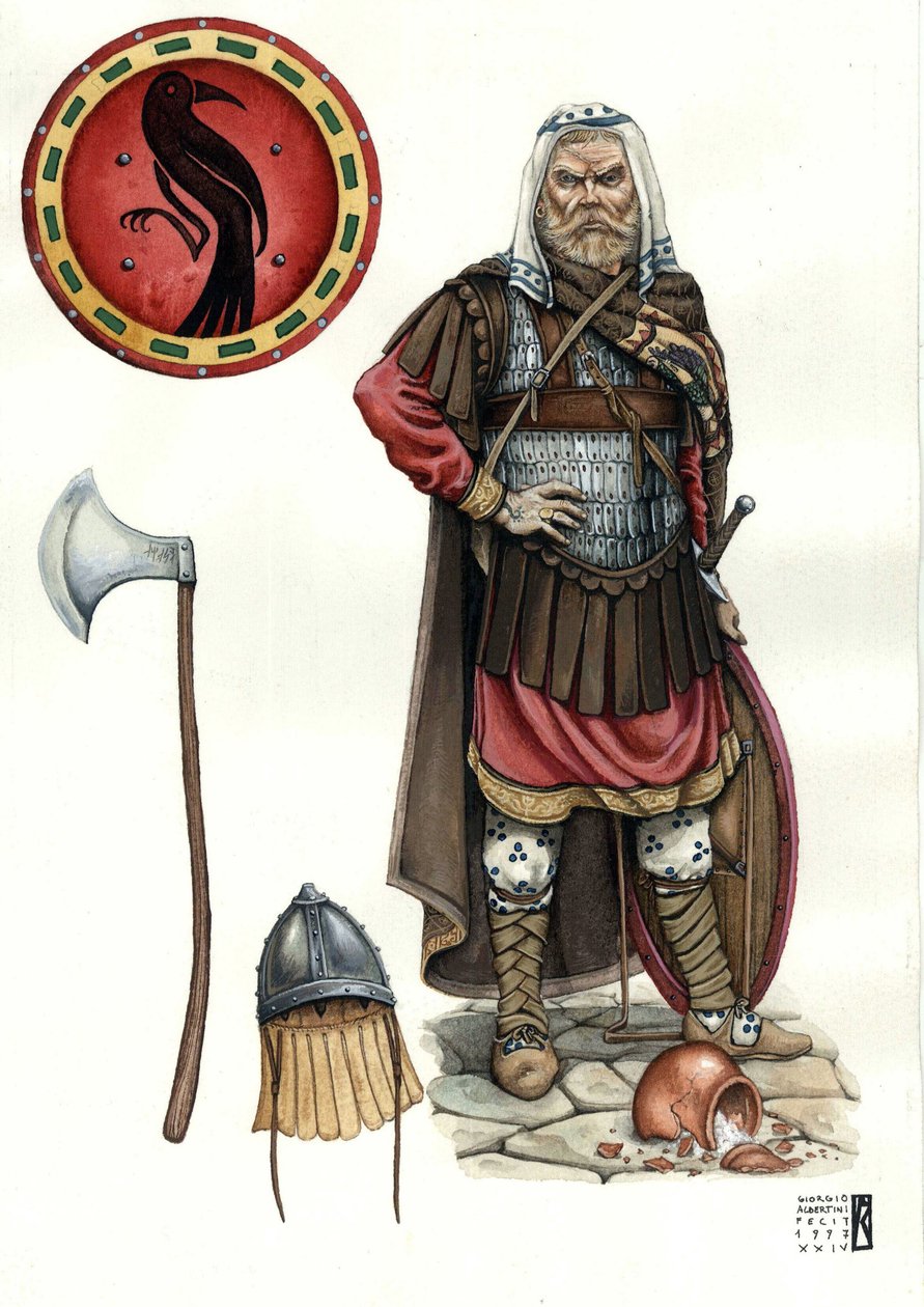 Středověk: voják varjažské gardy (nebo varegské gardy), elitního sboru byzantské armády. od Giorgio Albertini