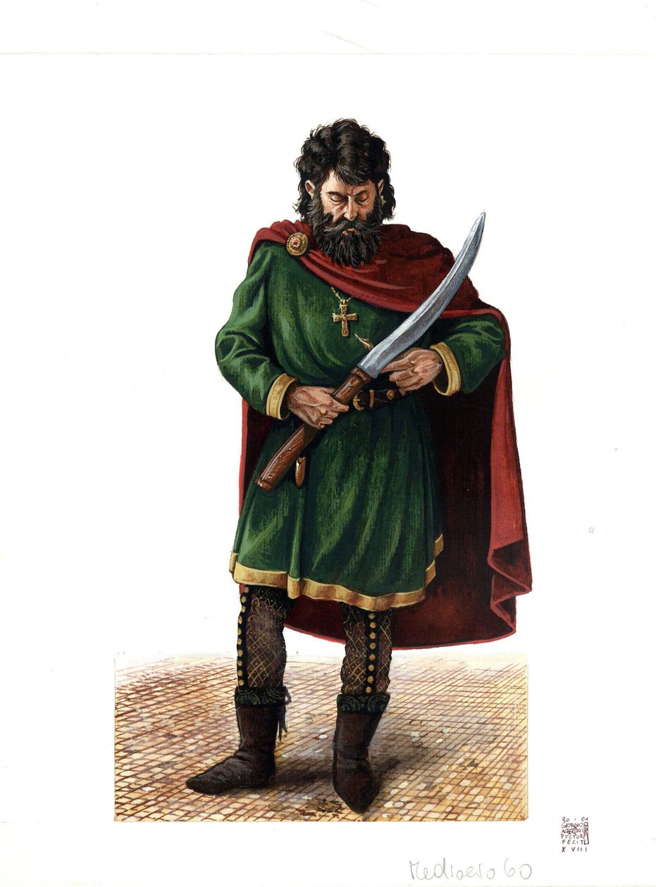 Středověk: voják varjažské gardy (nebo varegské gardy), elitního sboru byzantské armády. od Giorgio Albertini