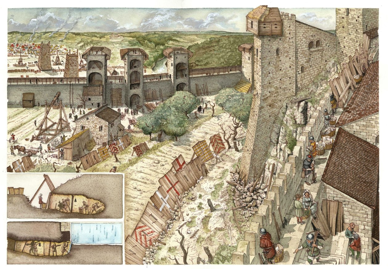 Středověk: obléhání města Viterbo (Viterbo) nedaleko Říma, po němž v roce 1240 toužili Guelfové, stoupenci papeže, a Gibelini, stoupenci vojska císaře Fridricha II. Hohenstaufena (1194-1250). Itálie. Vlevo dole je popis od Giorgio Albertini