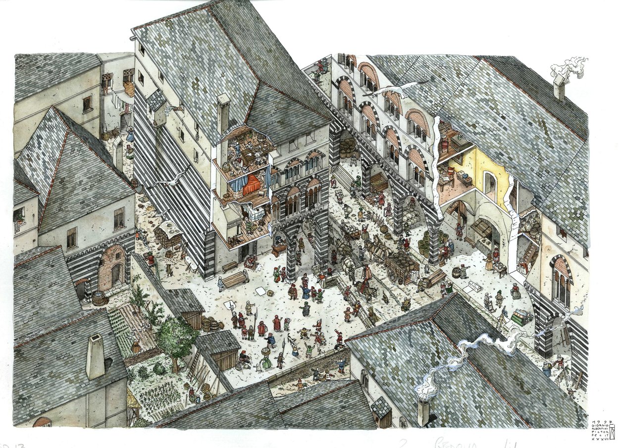 Středověk: pohled na palác kupecké šlechty (Curia nebo curia) v Genesu v 15. století, pouliční scény, Itálie Ilustrace Giorgio Albertini. od Giorgio Albertini