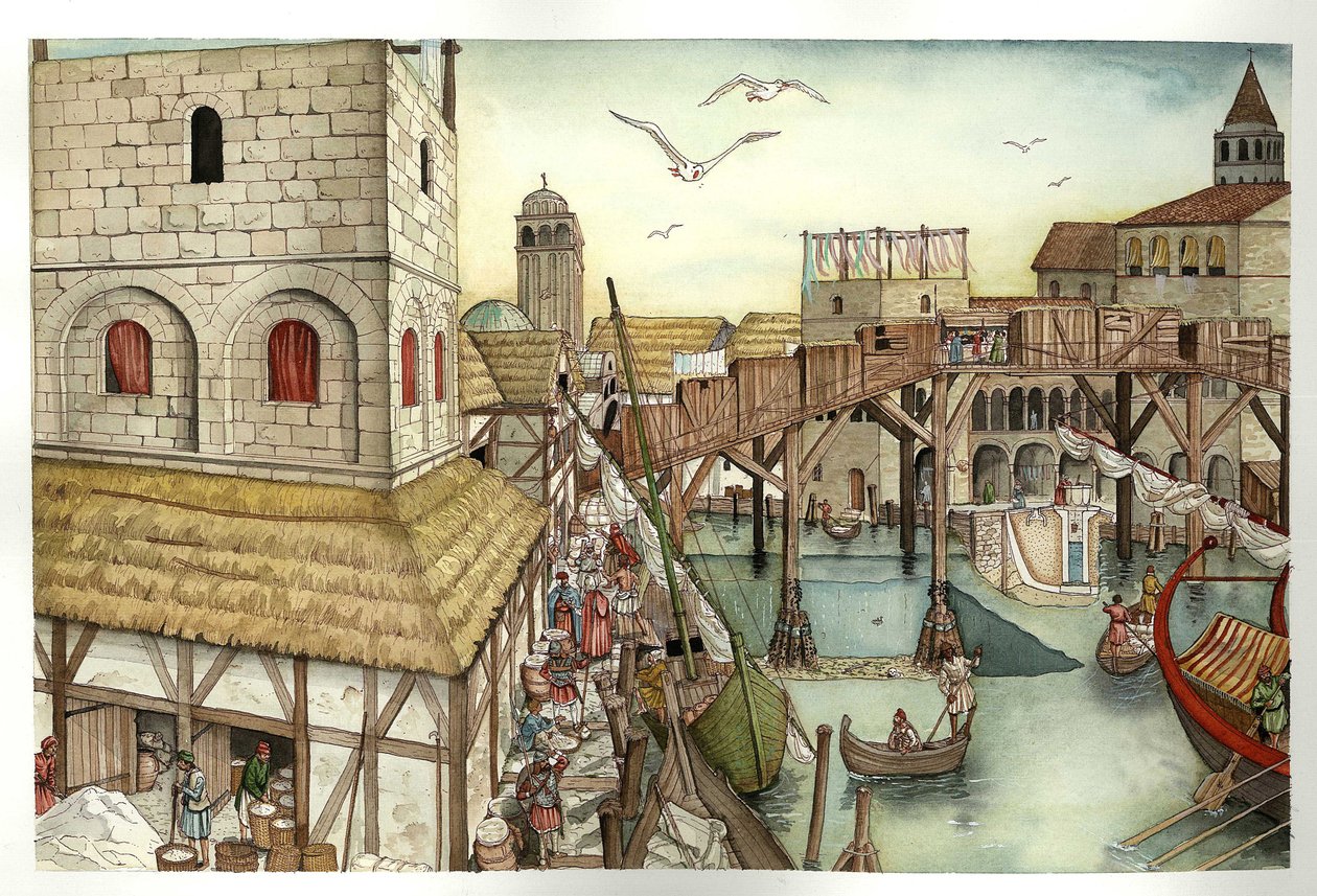 Středověk: pohled na most Rialto v 11. století a aktivity v italských Benátkách. od Giorgio Albertini