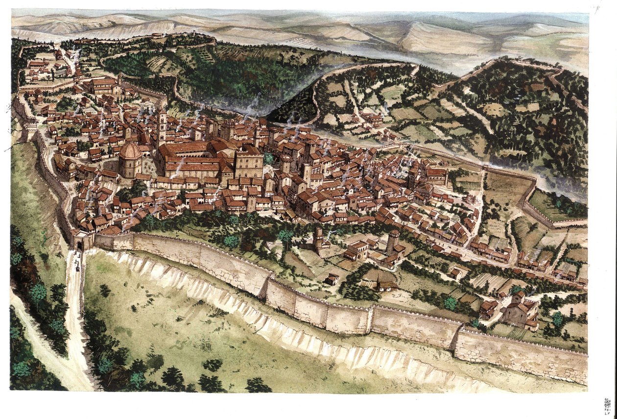 Středověk: pohled na středověké město Volterra obehnané hradbami ve 14. století. Toskánsko. Itálie Ilustrace: Giorgio Albertini. (Užití díla tohoto autora nepodléhá žádosti o autorizaci třetí strany ani t od Giorgio Albertini