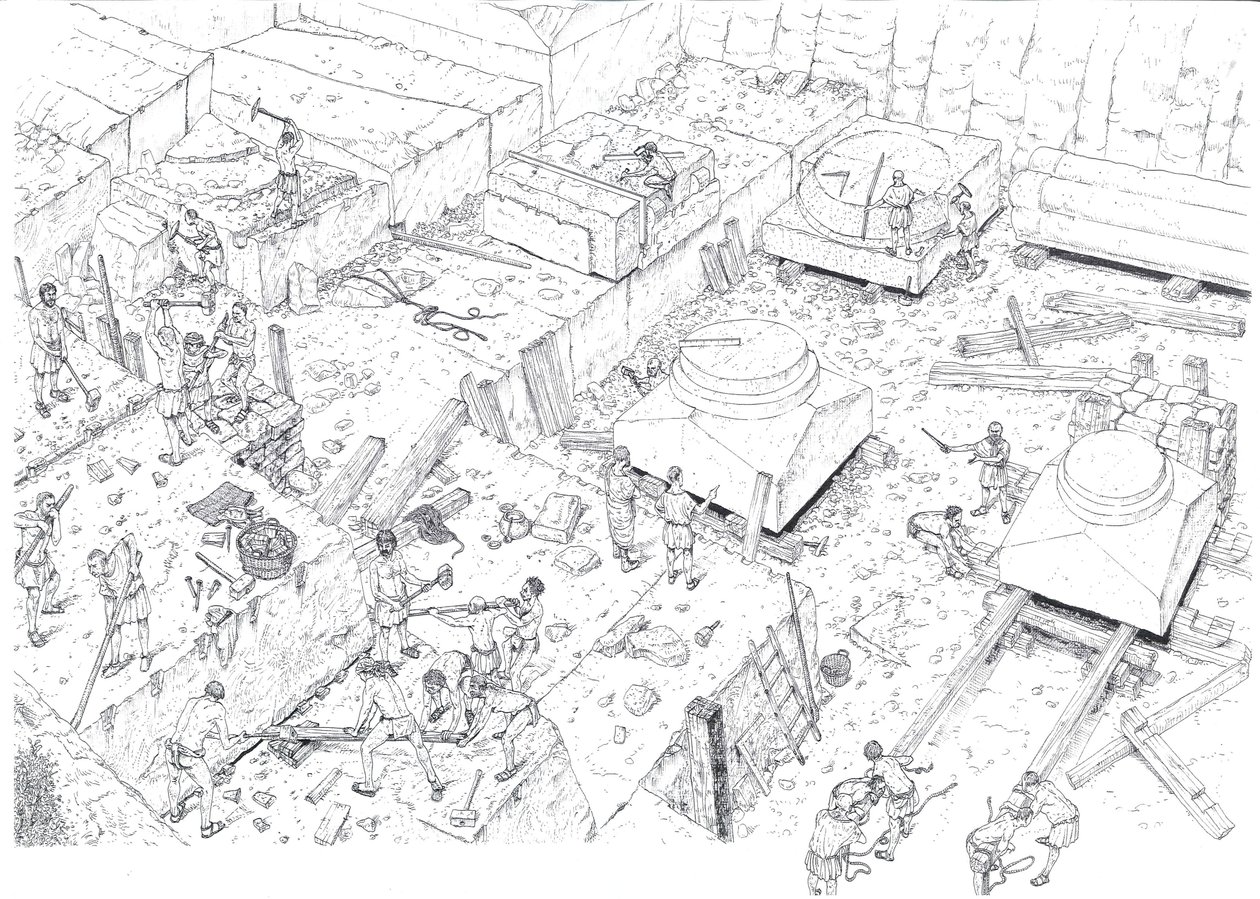 Středověk: pohled na dělníky pracující v mramorových lomech v Carraře (Carrara) v 15. století. Itálie Ilustrace Giorgio Albertini. (Užití díla tohoto autora nepodléhá žádosti o autorizaci třetí strany o od Giorgio Albertini