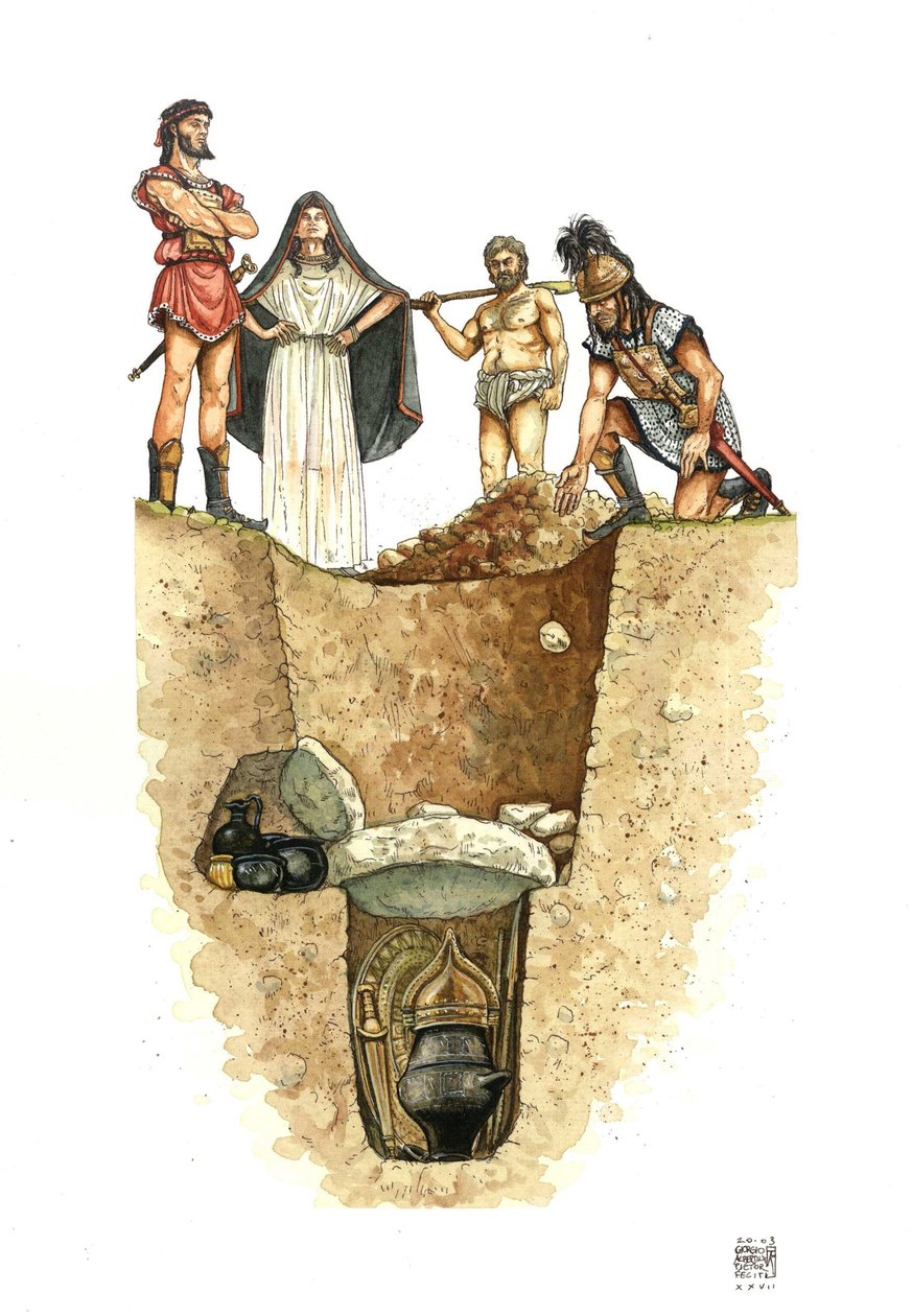 Neolit: řez vilanovským hrobem (vilanovská kultura), urny s popelem zemřelých jsou uloženy ve studních (balotových polích), 8. století př. n. l. Etrurie, Itálie od Giorgio Albertini