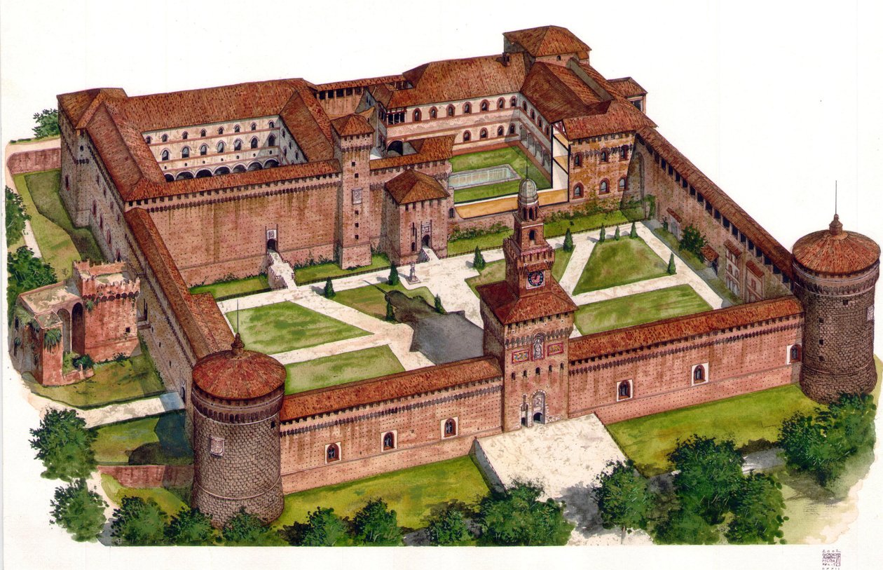 Přehled hradu Sforza (Castello Sforzesco), který nechal v 15. století postavit vévoda Francesco Sforza v italském Miláně. od Giorgio Albertini