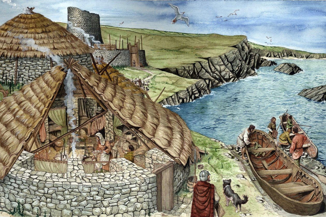 Prehistorie: rekonstrukce každodenního života v době železné, rodina v brochu, opevněné obydlí postavené ve Skotsku, pravděpodobný původ hradišť, zastoupených v oddíle, ženy vaří, muži odjíždějí na lodi na lov a rybolov. Ilustrace: Giorgio Albert od Giorgio Albertini