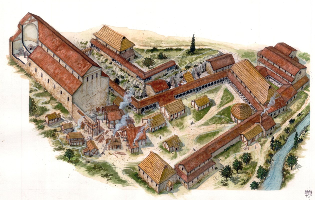 Prerománské umění: pohled na klášter blahoslavenství svatého Vincence (Abbadia di San Vincenzo al Volturno) založený v 8. století. Castel san Vincenzo, Itálie Ilustrace: Giorgio Albertini. (Použití díla tohoto autora od Giorgio Albertini