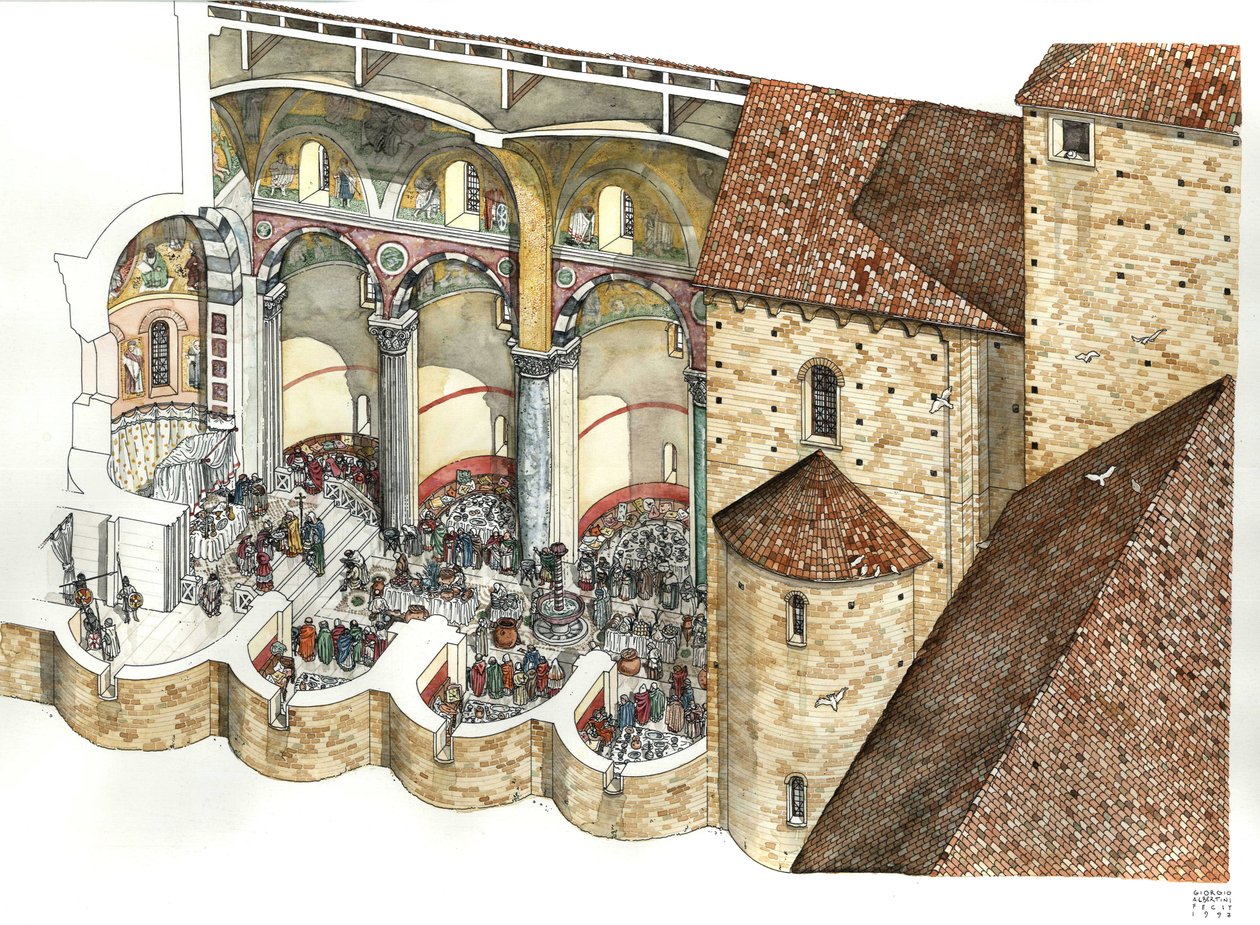 Rekonstrukce baziliky svatého Jana Lateránského (Saint John Laterano nebo San Giovanni in Laterano) v 8. století: architektonický pohár umožňuje vidět triklinium a slavnostní inauguraci papeže. Řím od Giorgio Albertini