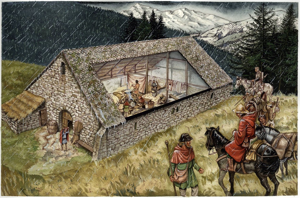 Rekonstrukce špitálu (hospice nebo útulku) pelerín v Moncenisiu (Montcenis) v Alpách, Itálie od Giorgio Albertini