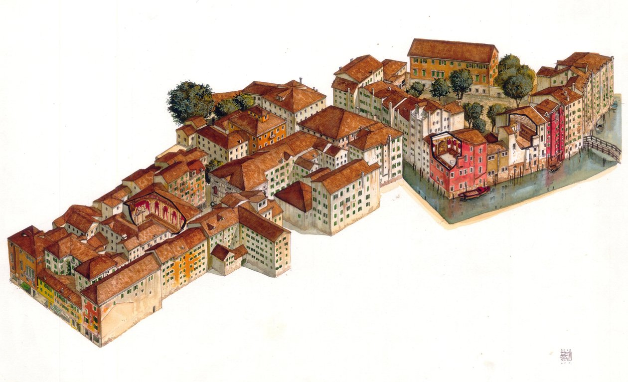 Rekonstrukce benátského židovského ghetta se synagogami ve čtvrti Cannaregio. Itálie. od Giorgio Albertini