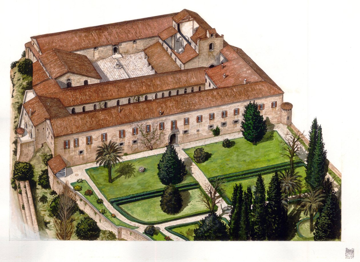 Rekonstrukce hradu Nelson (Ducea Nelson) z roku 1173, který Ferdinand III. sicilský nabídl v roce 1799 admirálu Horatio Nelsonovi, v Bronte u Katánie na Sicílii, Itálie Ilustrace Giorgio Albertini. (Použití díla tohoto autora není su od Giorgio Albertini