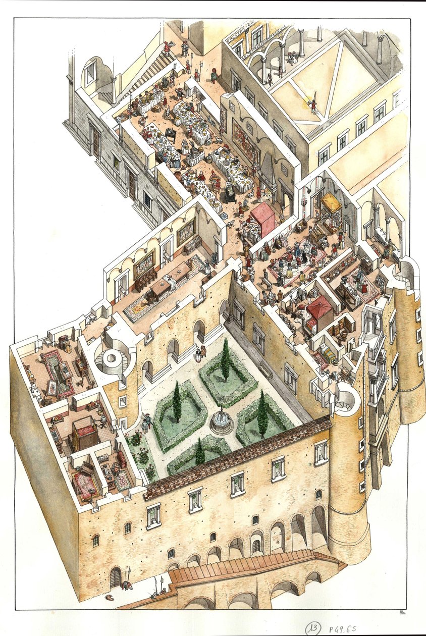 Rekonstrukce šlechtické podlahy vévodského paláce v Urbinu, Itálie. Nechal jej postavit vévoda Federico da Montefeltro (Frederic de Montefeltre, vévoda z Urbina) v 15. století. od Giorgio Albertini
