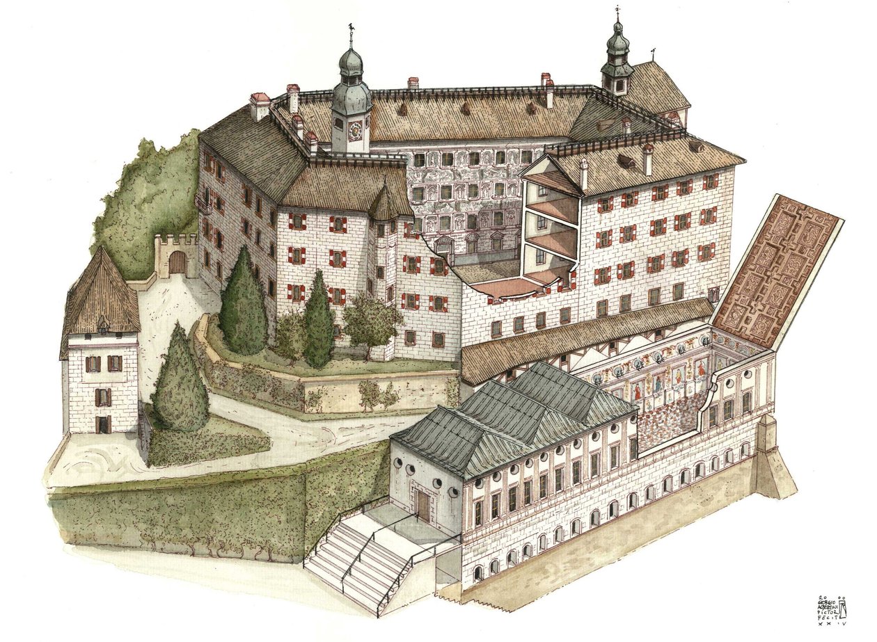 Renesanční architektura: rekonstrukce hradu Ambras od Giorgio Albertini