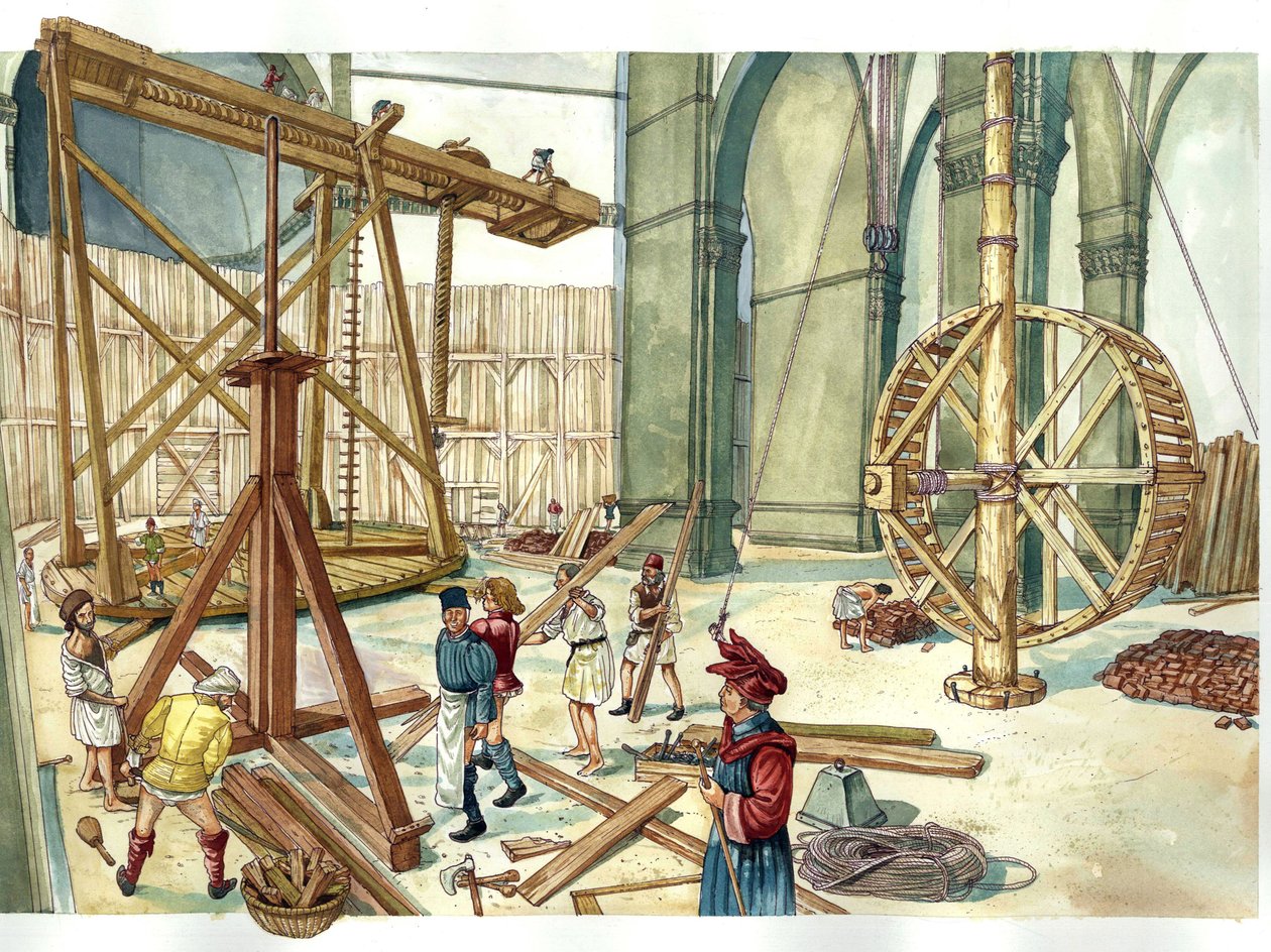 Renesance: rekonstrukce staveniště kopule kostela Santa Maria del Fiore (Duomo) podle plánů architekta Filippa Brunelleschiho. 1436. Florencie Itálie Ilustrace: Giorgio Albertini. (Použití díla tohoto autora není s od Giorgio Albertini