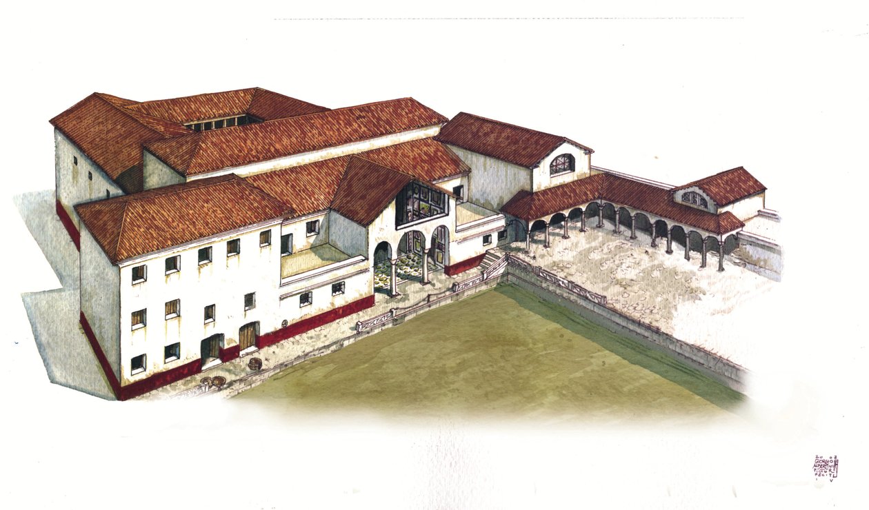 Roman Antiquite: rekonstrukce místa, kde se nacházel dóm námořní brány (domus di porta marina) v Ostia antica (starověká Ostia) ve 4. století, Itálie. od Giorgio Albertini