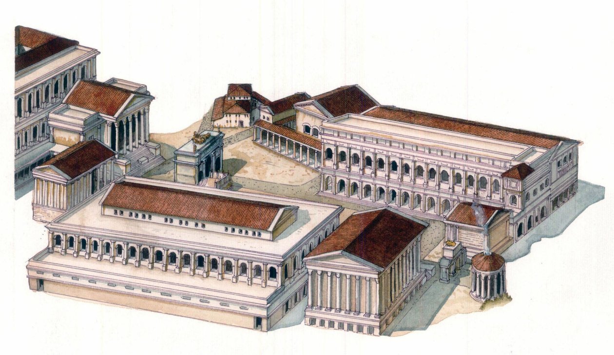 Římská antika: rekonstrukce římského fóra (foro romano) v době císaře Augusta (Caius Julius Caesar Octavianus Augustus) (63 př. n. l. - 14 n. l.). od Giorgio Albertini