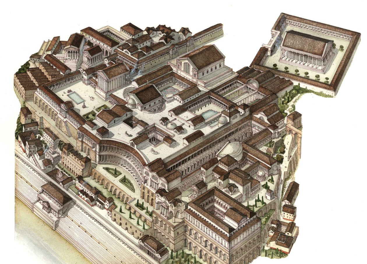 Římská antika: přestavba hory Palatin (Glue Palatino) ve 4. století, kde si po sobě jdoucí císaři (Augustus, Nero, Severe Septime) postavili své paláce. Řím Itálie od Giorgio Albertini