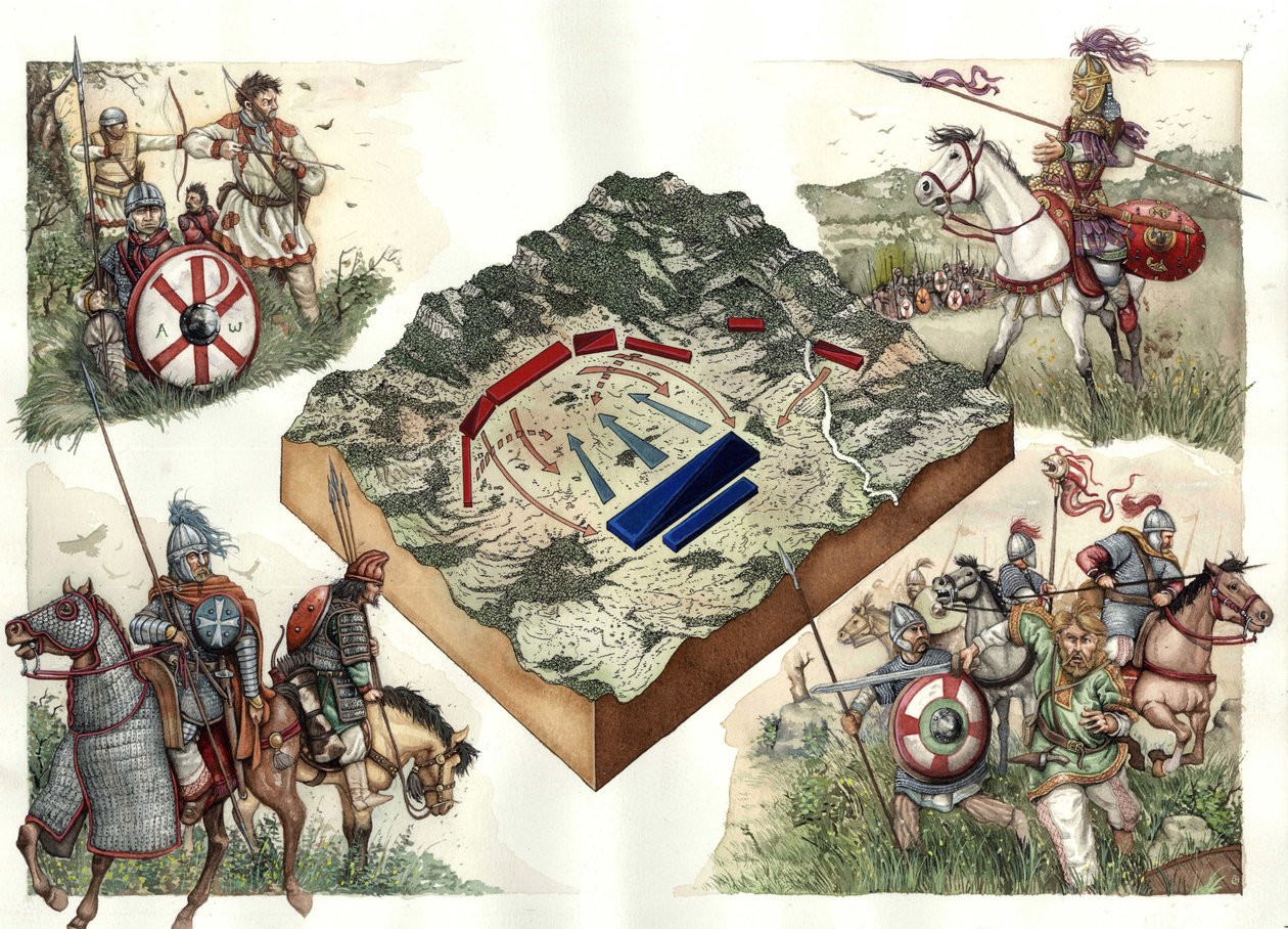 Válka s Góty (535-553) mezi Byzancí a Ostrogóty: bitva u Taginae v červenci 552, která umožnila Justiniánově Byzanci táhnout z Ravenny na Řím. od Giorgio Albertini