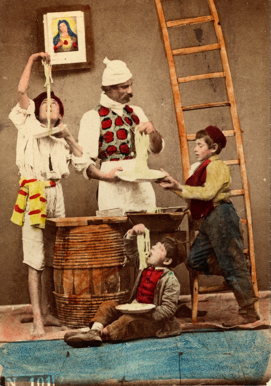 Děti jedí špagety rukama, Neapol, kolem roku 1865 (tisk na papír o dvojnásobné gramáži) od Giorgio Conrad