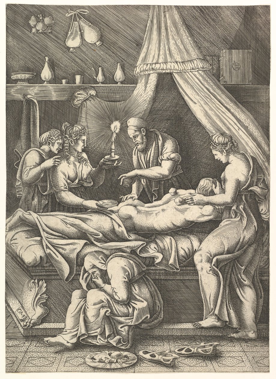 Alegorie nemoci, muž ležící na lůžku obklopený postavami, ca. 1540. od Giorgio Ghisi