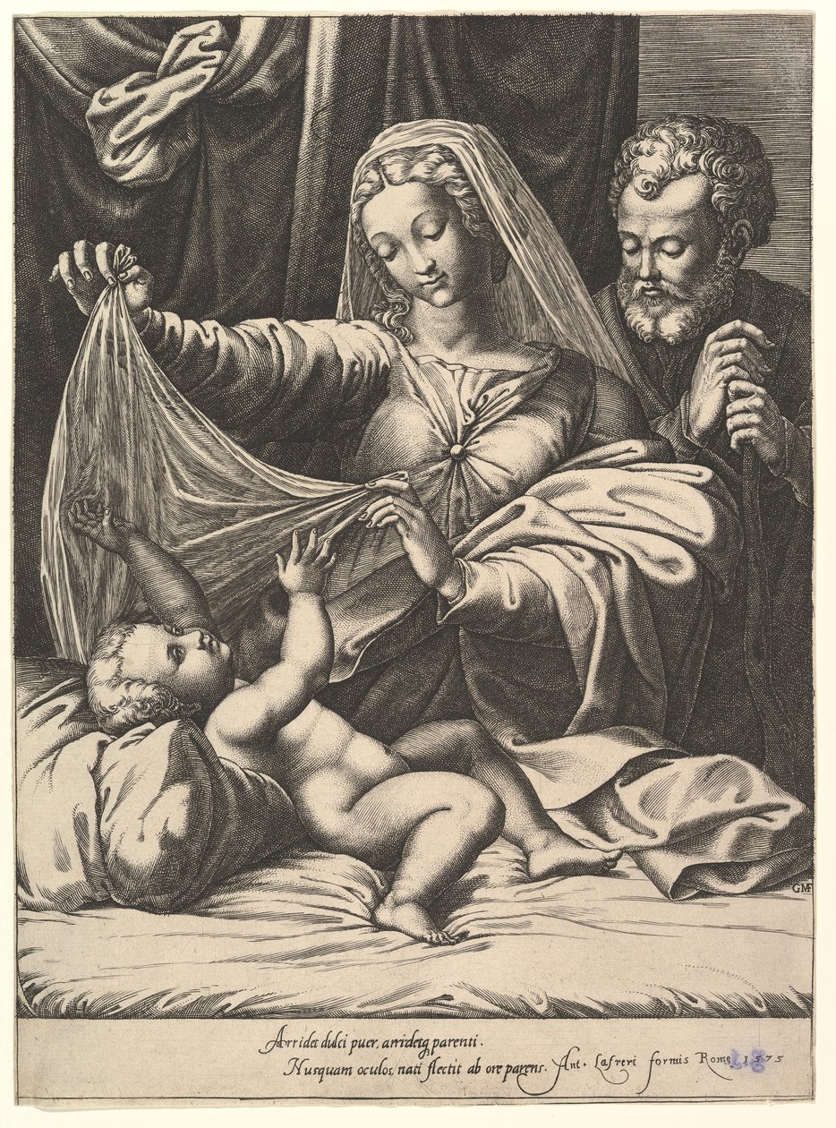 Madona z Loreta, Panna pozdvihuje závoj nad Dítětem, které leží na posteli a polštáři..., 1575. od Giorgio Ghisi