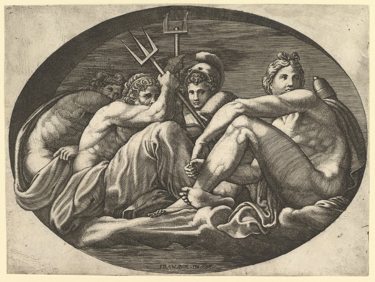 Pluto, Neptun, Minerva a Apollo, ze série osmi skladeb po Francescu P..., 60. léta 16. století. od Giorgio Ghisi