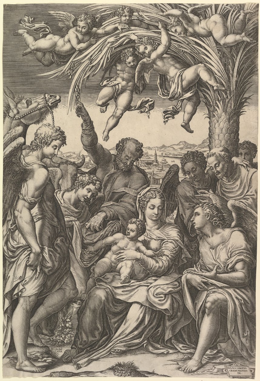 Odpočívej na útěku do Egypta, Svatá rodina pod palmou obklopená anděly, dej..., 1578. od Giorgio Ghisi