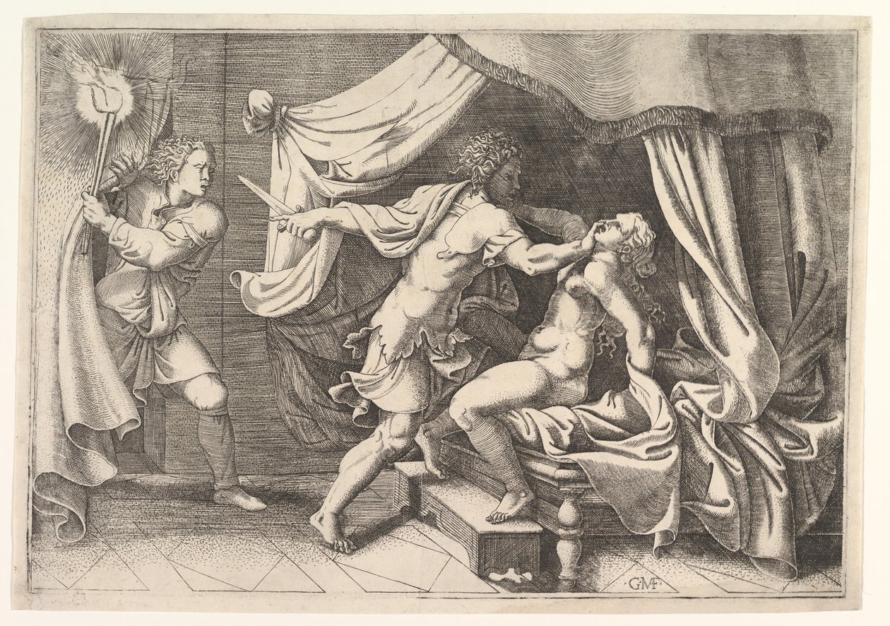 Tarquin útočící na Lucretii, sluhu vlevo, který je svědkem scény, ca. 1540. od Giorgio Ghisi