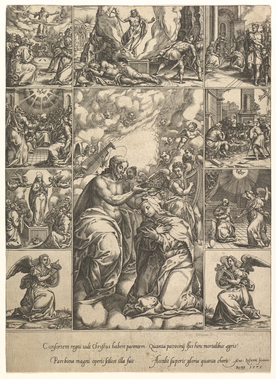 Korunovace Panny Marie, obklopená devíti vinětami s výjevy ze života..., z roku 1575. od Giorgio Ghisi