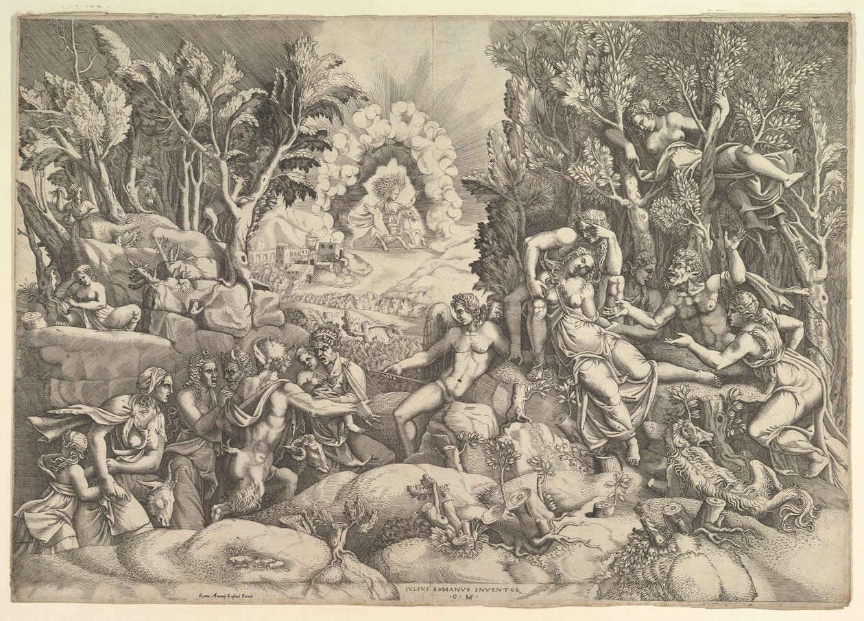Smrt Prokrise, Cephalus truchlící nad smrtí Prokrise napravo obklopen..., ca. 1540. od Giorgio Ghisi