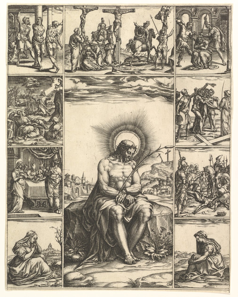 Muž bolesti, obraz Krista obklopený devíti vinětami zobrazujícími výjevy..., z roku 1575. od Giorgio Ghisi