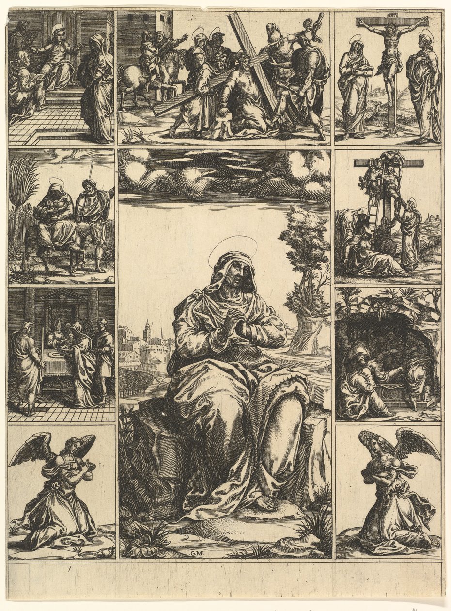 Bolestná Panna, obraz Panny Marie obklopený devíti vinětami zobrazuje..., ca. 1575. od Giorgio Ghisi
