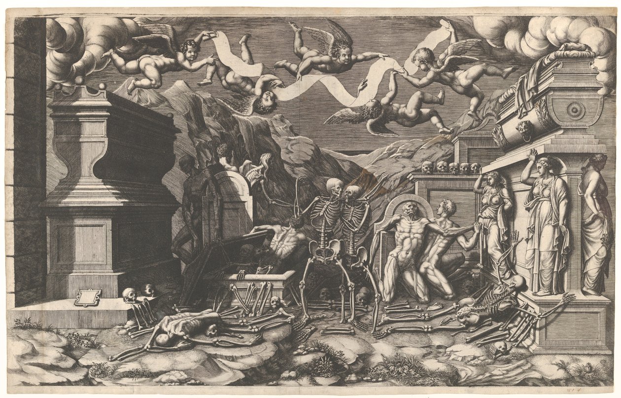 Vize Ezechiela, skupina mrtvol a koster vystupujících z hrobek, nad nimi ..., 1554. od Giorgio Ghisi