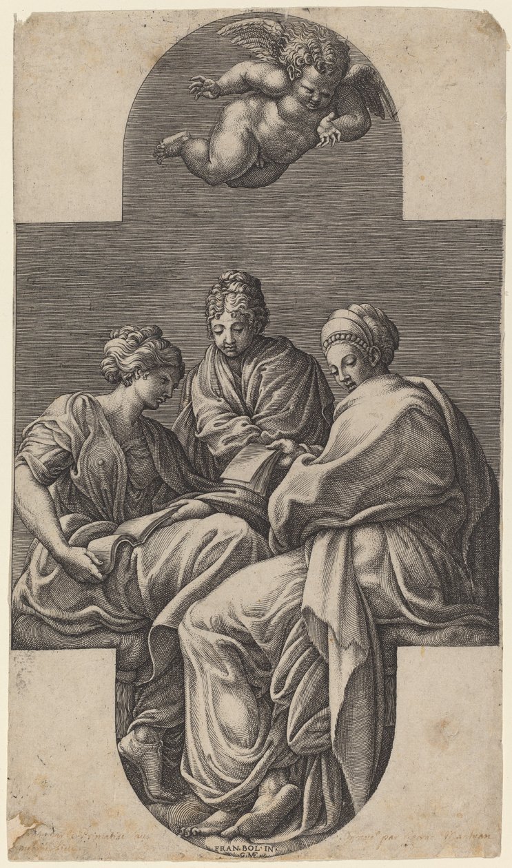 Tři múzy a gestikulační putto od Giorgio Ghisi after Francesco Primaticcio