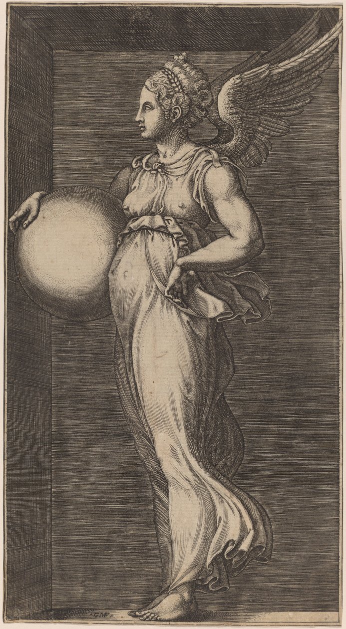 Alegorická postava držící kouli od Giorgio Ghisi possibly after Giulio Romano