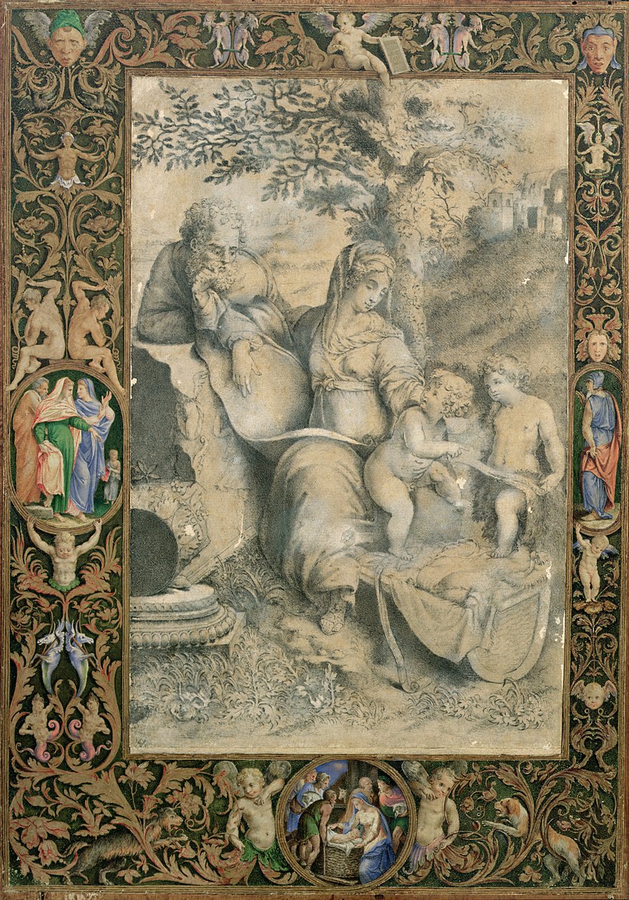 Hranice iluminovaného rukopisu kolem kresby podle Raphaelovy Svaté rodiny pod dubem (připisováno Cloviovi), od Giorgio Giulio Clovio