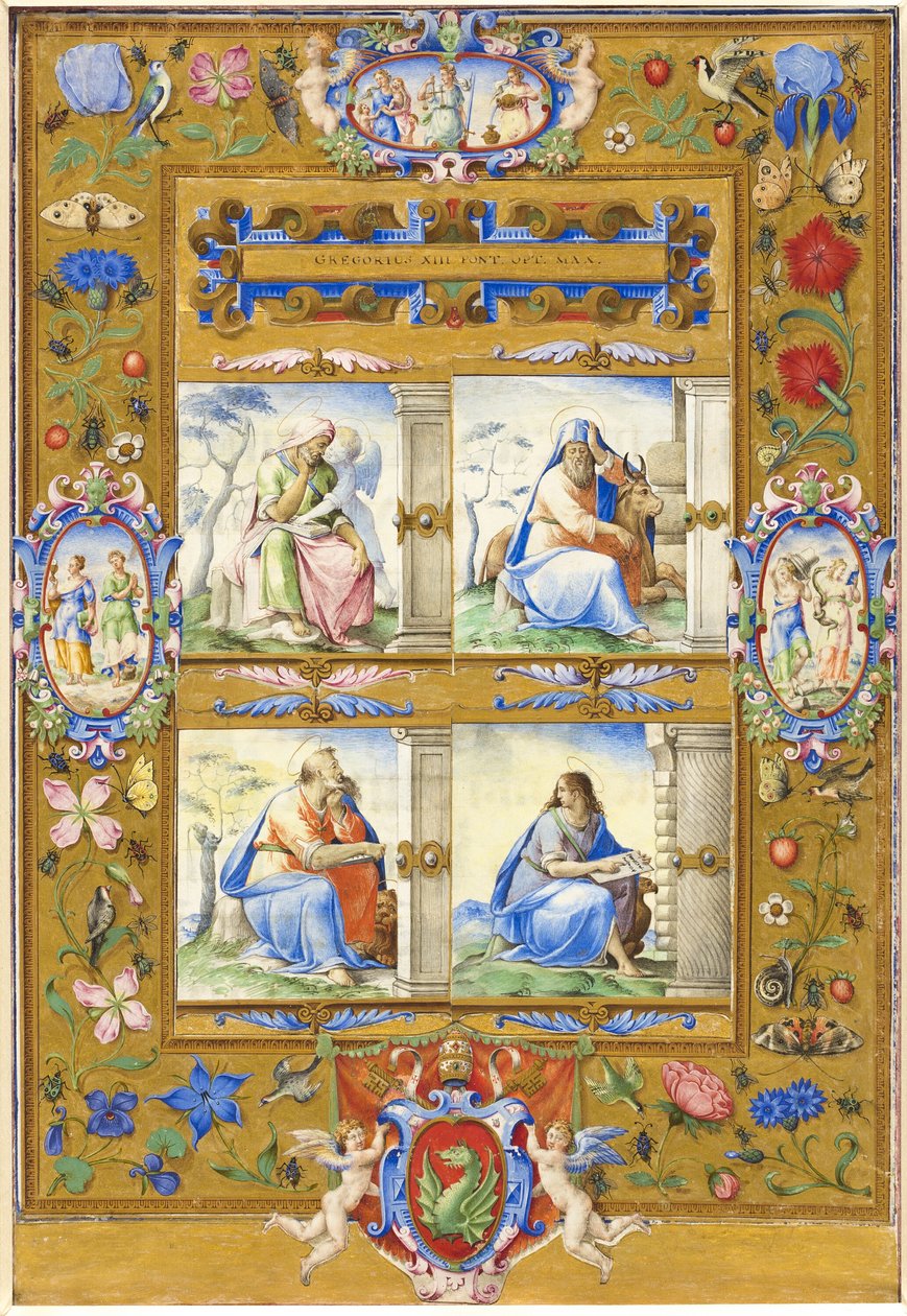 Čtyři evangelisté, uvnitř hranice květin, ptáků a hmyzu od Giorgio Giulio Clovio