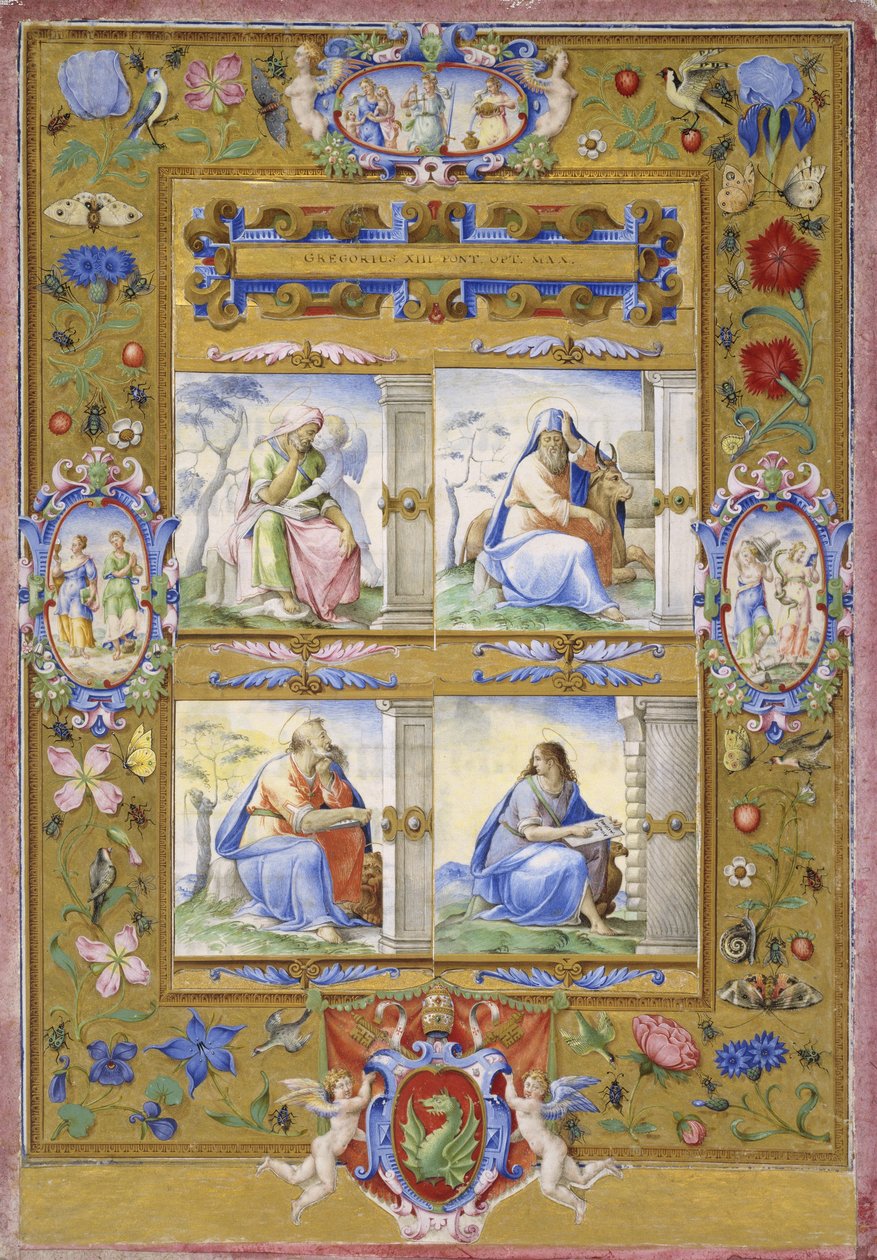 Čtyři evangelisté, uvnitř hranice květin, ptáků a hmyzu, 1572 od Giorgio Giulio Clovio