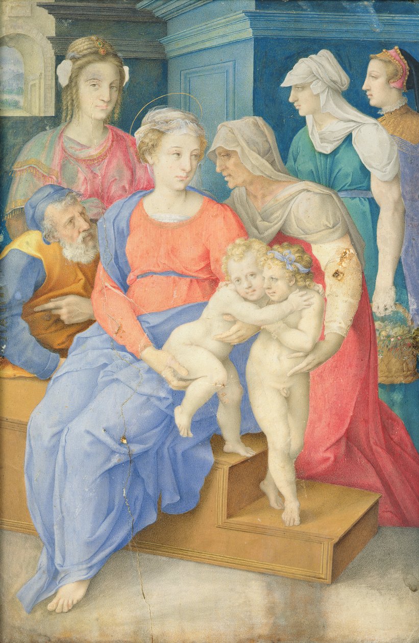 Svatá rodina se svatou Alžbětou, svatým Janem Křtitelem a třemi šlechtičnami, kolem roku 1557 od Giorgio Giulio Clovio