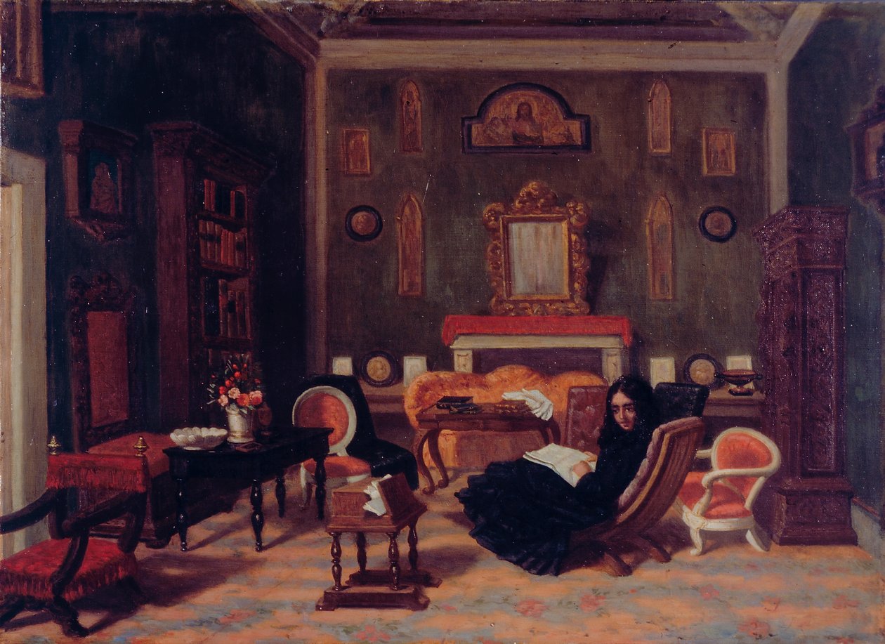 Elizabeth Barret Browningová v interiéru svého obývacího pokoje v domě Guidiových ve Florencii, asi 1880 (olej na plátně) od Giorgio Mignaty