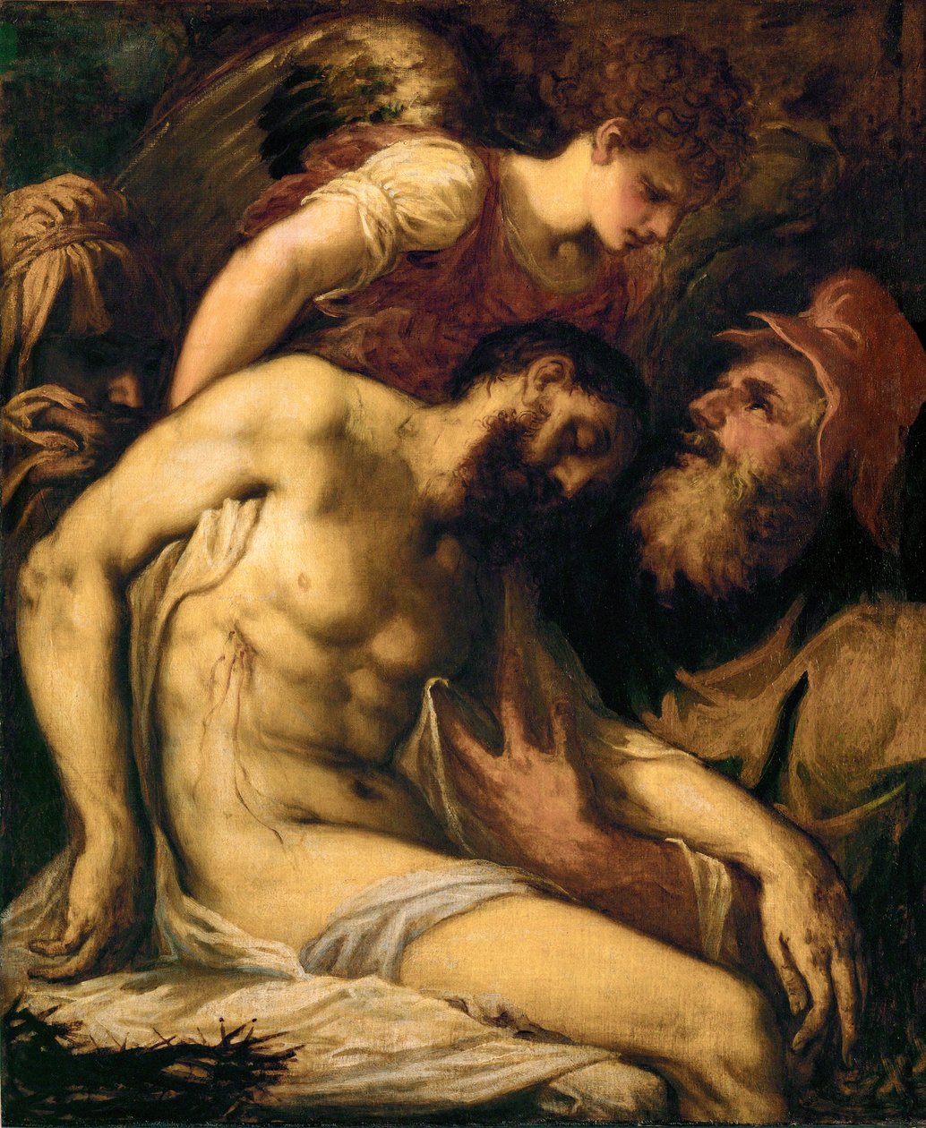 Mrtvý Kristus, podpíraný andělem a Josefem z Arimatie... (malba na plátně) od Giorgio Schiavone