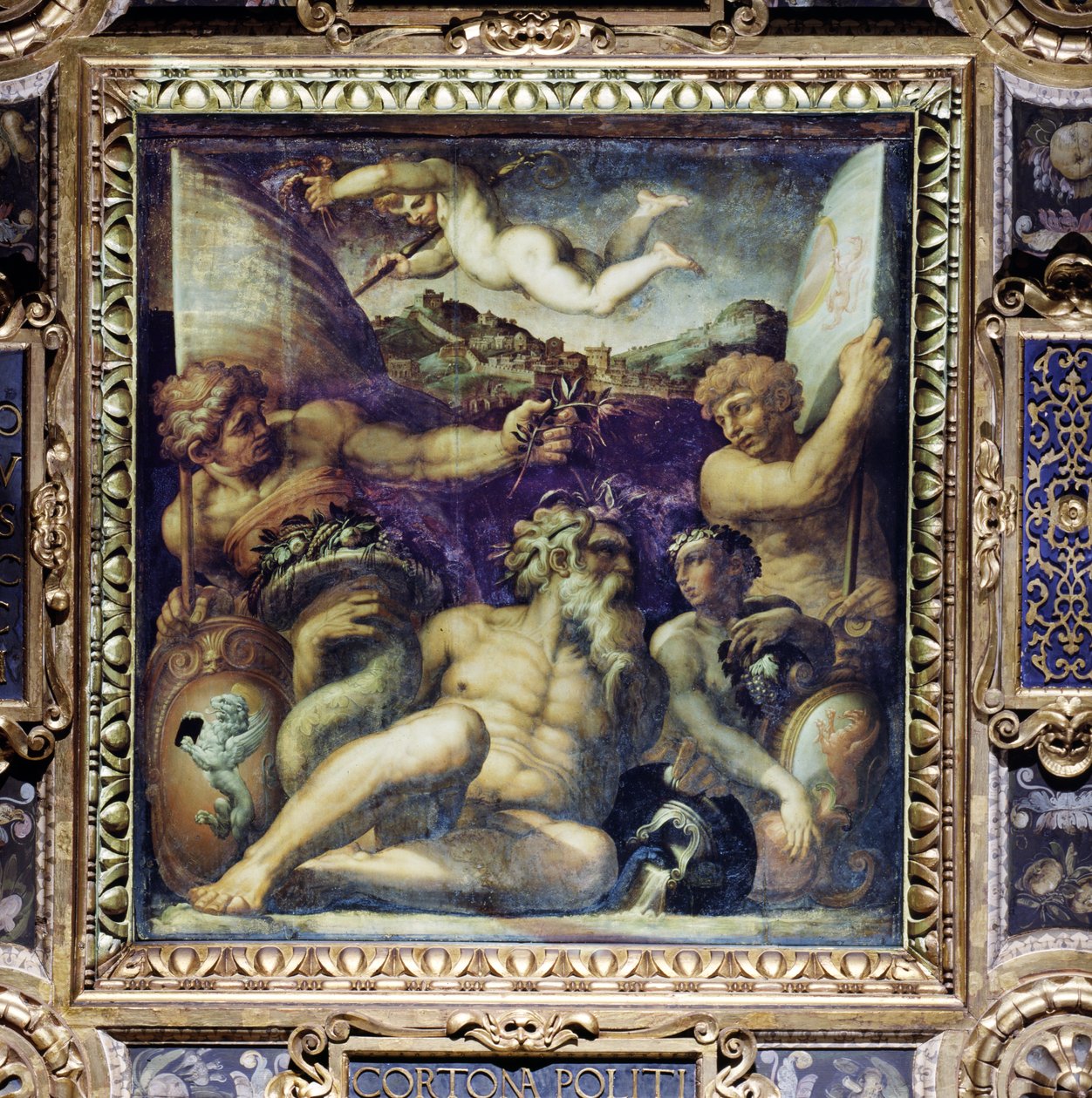 Alegorie oblastí Cortona a Montepulciano ze stropu Salone dei Cinquecento, 1565 (panel) od Giorgio Vasari