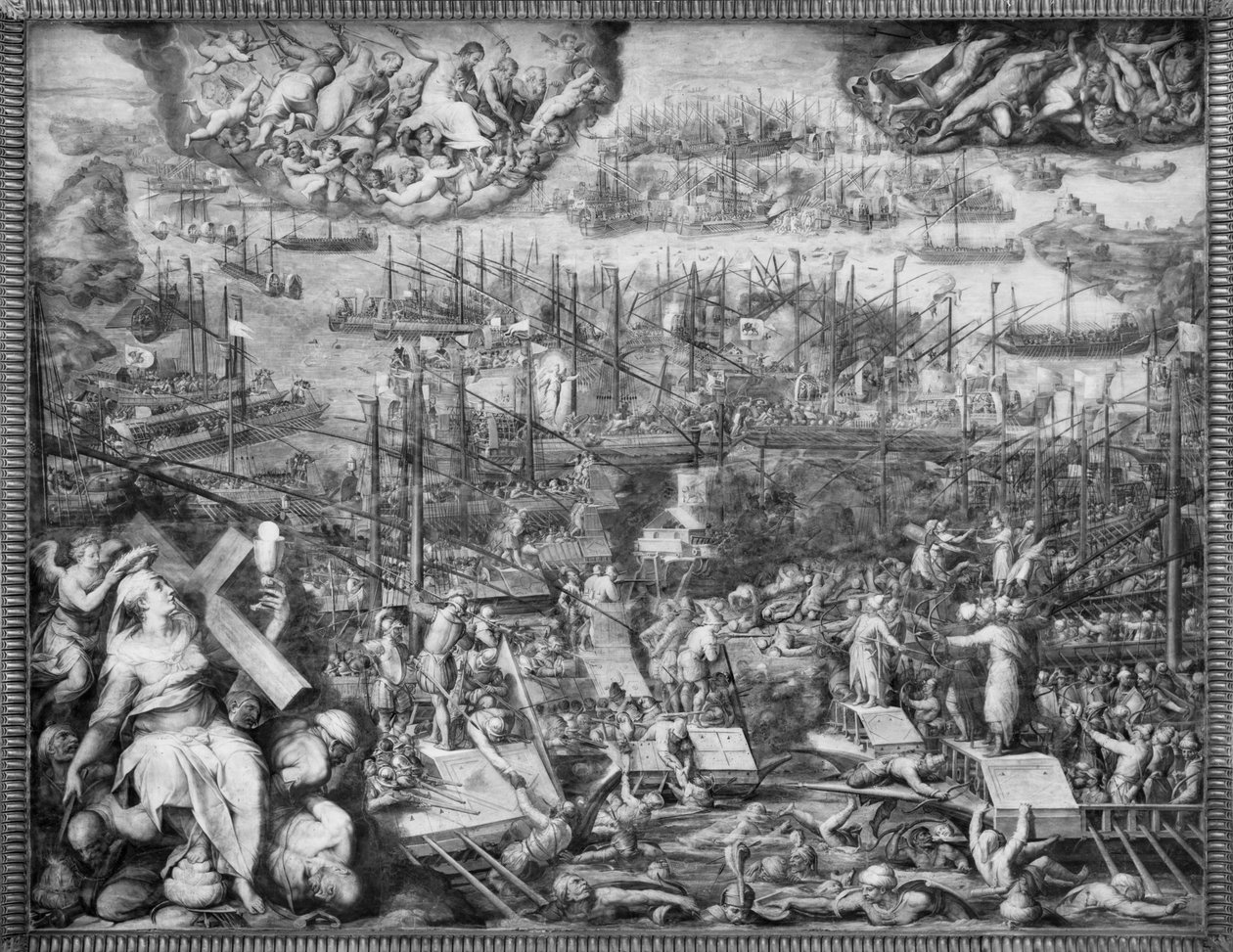 Bitva u Lepanta (freska) (černobílá fotografie) od Giorgio Vasari