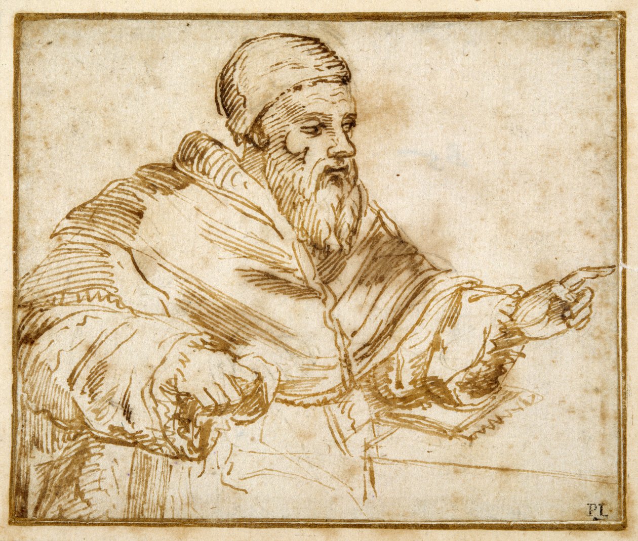Klement VII sedící u stolu (pero a inkoust na papíře) od Giorgio Vasari