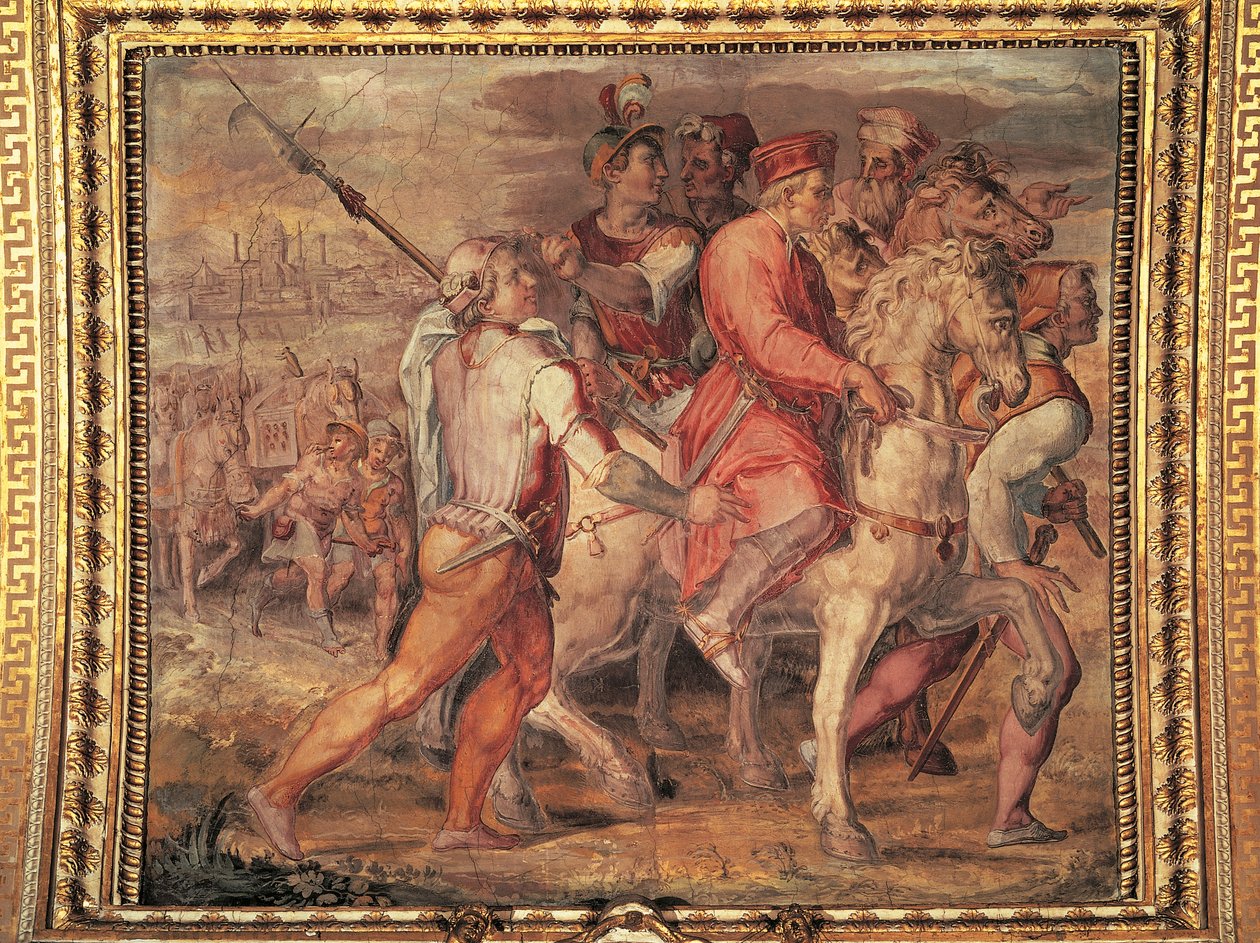 Cosimo I. odcházející do exilu, freska od Giorgia Vasariho (1511-1574). Salone dei Cinquecento (Síň pěti set), Palazzo Vecchio, Florencie. Itálie od Giorgio Vasari