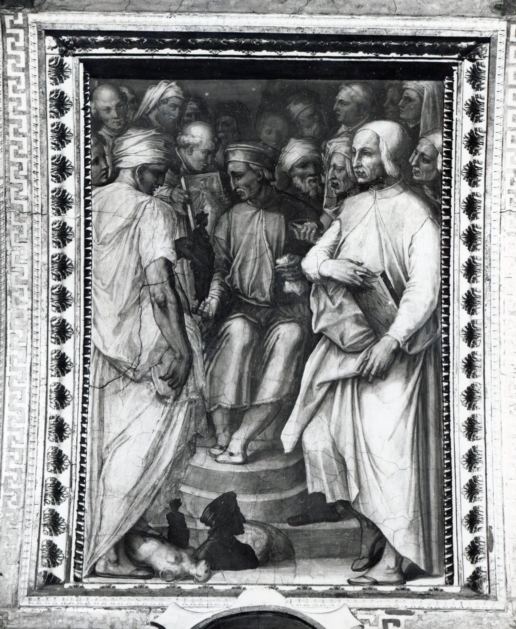 Cosimo de Medici sedí mezi filozofy a umělci v Sala di Cosimo il Vecchio od Giorgio Vasari